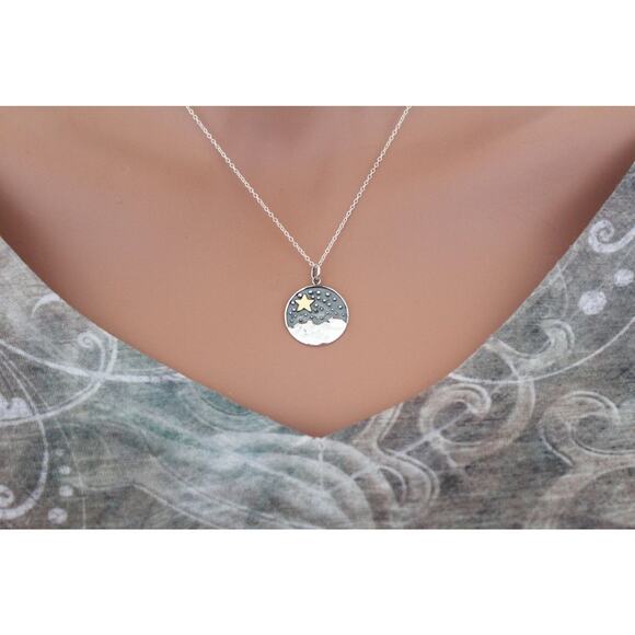 Sterling Silver Mountain Pendant with Bronze Star, Star Gazing Necklace - Picture 2 of 2